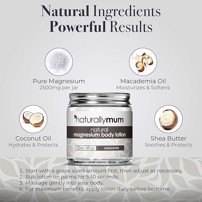 NaturallyMum - Magnesium Body Lotion [NATURAL & VEGAN] - Topical Magnesium Cream Lotion Support for Sleep, Bone, Heart & Muscle Health - Unscented - Made in UK & Safe for Kids