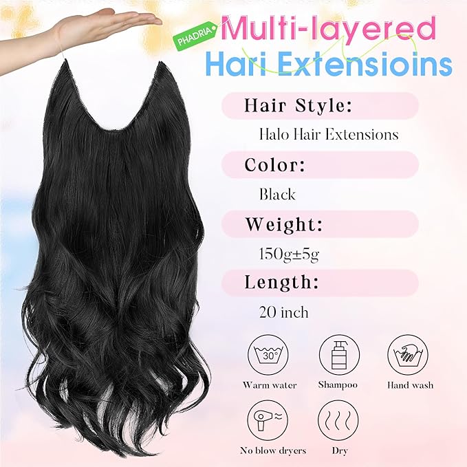 Invisible Wire Hair Extensions with Transparent Wire Adjustable Size 4 Secure Clips Long Wavy Secret Hairpiece 20 Inch for Women(Black)