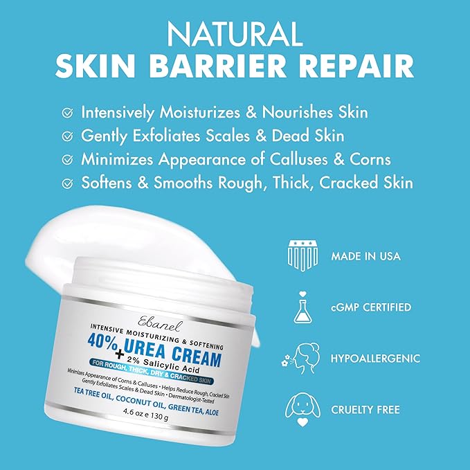 Ebanel Urea Cream 40% plus Salicylic Acid 2%, Foot Cream for Dry Cracked Heels Feet Knees Elbows Hands, Foot Dead Skin Cuticle Callus Remover Toenail Softener, Keratolytic Skin Barrier Repair, 6-Pack