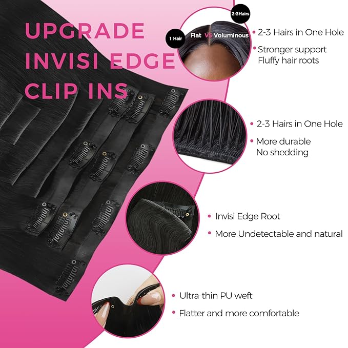 Lashey Invisi Edge & Seamless Clip in Hair Extensions Human Hair, 14 Inch 130g 9pcs(5pcs Invisi Edge& 4pcs Seamless) Real Virgin Human Hair Extensions, Natural Black Body Wave Hair