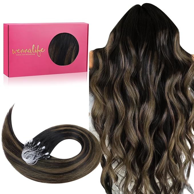 WENNALIFE Microlink Hair Extensions Human Hair, 50g 50s 24 Inch Balayage Natural Black to Chestnut Brown Remy Micro Bead Extensions Real Human Hair Loop Ring Straight Microlinks