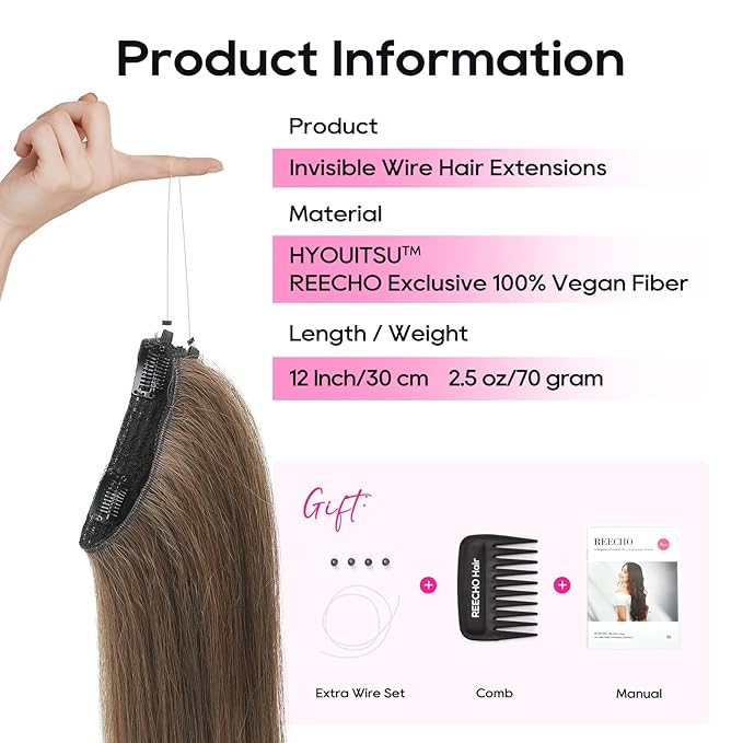 REECHO 12" Invisible Wire Hair Extensions with Thinner Softer Lace Weft Adjustable Size Removable Secure Clips in Short Straight Secret Hairpiece for Women - Ginger Brown