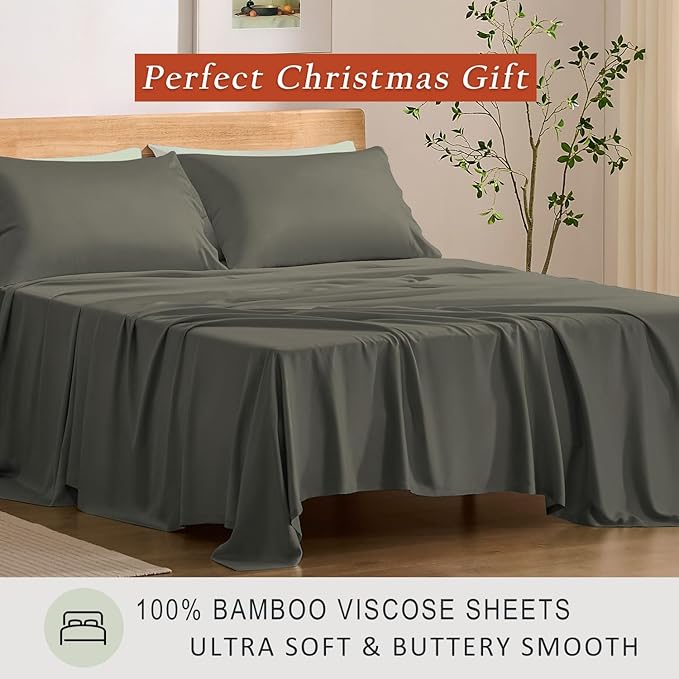 TOSMO Luxury Cooling Sheet Set - 100% Viscose from Bamboo, 3-Piece Bedding Set (Twin Size) - 18” Extra Deep Pockets, Oeko-Tex Certified, Silky Soft and Breathable, Charcoal