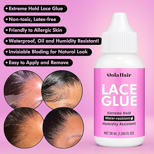 Dolahair Lace Glue, 1.3 Ounce, Waterproof, Extreme Hold, Invisible Bonding for Wigs & Hair Systems, Includes 2 Elastic Bands