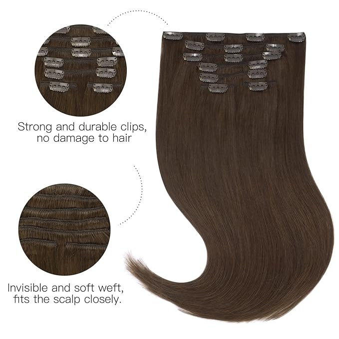 HOTBANANA Human Hair Clip in Hair Extensions, Light Dark Brown 75g Clip in Hair Extensions Real Human Hair Straight Remy Hair Clip in Hair Extensions 12 Inch 7pcs
