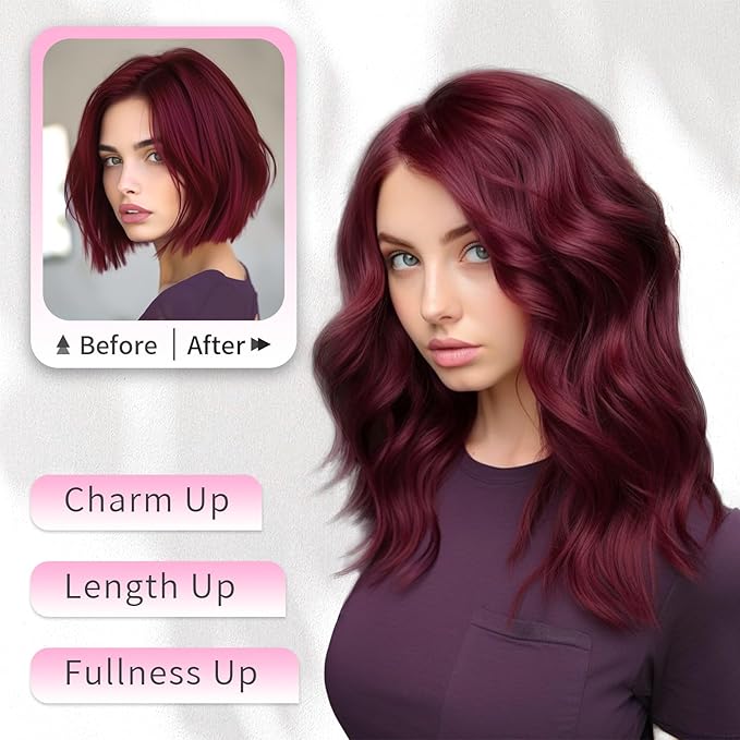 KooKaStyle Short Hair Extensions 6PCS 14 Inch Wavy Curly Hairpieces Synthetic Soft Lace Weft Clip in Hair Extensions-Burgundy for Women