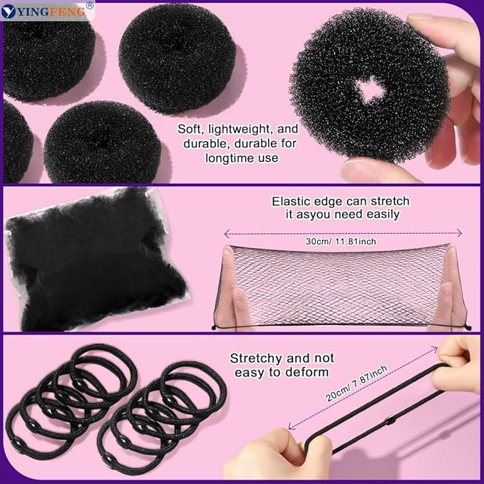 YINGFENG 134 Pcs Black Hair Bun Maker Kit for Kids Small - 4 Hair Donuts for Buns, 20 Hair Nets for Buns, 100 U Shaped Bobby Pins, 10 Hair Bands, for Girls, Ballet Dance, Hair Accessories for Women