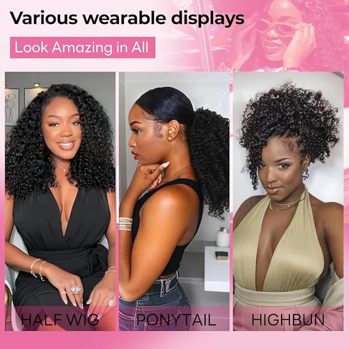 IUPin Curly Half Human Hair Wig 20 Inch 200% Density 3 In 1 Seamless Flip Over Glueless Wear And Go Wigs Human Hair With Update Drawstring Headband Seamless Clip Ins Kinky Curly Wigs For Women