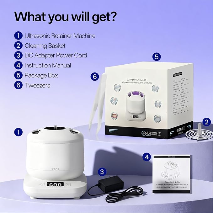 Ultrasonic Jewelry Cleaner Machine with U-V Light, Detachable Retainer Cleaner for Jewelry, Retainers, Dentures, 42kHz Ultrasonic Cleaner with 3 Modes, Waterproof, for family, White