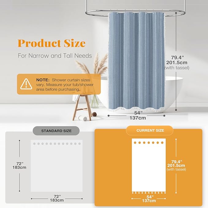 BTTN Stall Fabric Shower Curtain - 54x78 Boho Striped Linen Heavy Duty Tassel Shower Curtain Set with 10 Hooks, Narrow Rustic Modern Farmhouse Bohemian Thick Cloth Shower Curtains for Bathroom - Blue