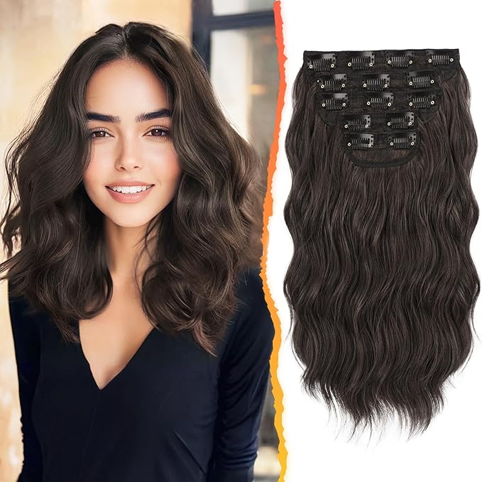 BARSDAR Short Wavy Clip in Hair Extensions - 14 Inch Dark Brown Hair Extensions Clip in for Women - 5PCs Thick Soft Synthetic Loose Wavy Clip in Hairpieces – Dark Brown Mixed