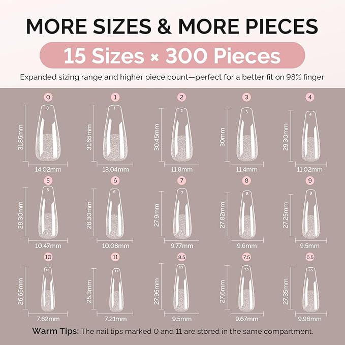 MelodySusie Long Coffin X Nail Tips - 300Pcs 15Sizes Clear Acrylic, Half Matte Full Cover Press on Nails for DIY Extension & Salon Use,Pre-Shaped for Long-Lasting Manicure