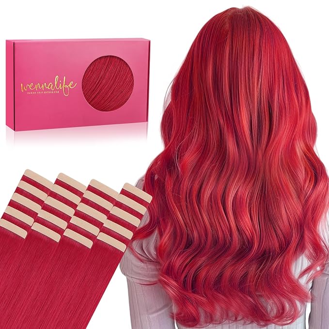 WENNALIFE Tape in Hair Extensions Human Hair, 20pcs 50g 24 inch Red Remy Hair Extensions for Women Tape Ins Straight Extensiones De Cabello Humano Skin Weft