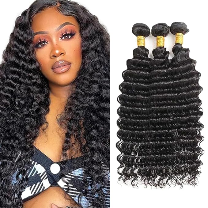 26 28 30 Inch Deep Wave Bundles Human Hair Black Natural Color Bundle Brazilian Unprocessed Virgin Hair 150g/3 Bundles Deep Wave Human Hair Weave