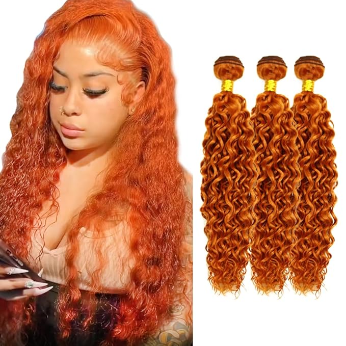 14 16 18 Inch Ginger Bundles Human Hair #350 Orange Water Wave 3 Bundle Unprocessed Brazilian virgin hair Weave Extensions Double Weft 50 Grams/Bundle Colored Ginger Bundles for Woman