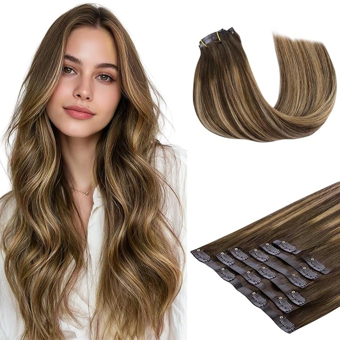 HOTBANANA Seamless Clip in Hair Extensions, 20 Inch 140g 7pcs Balayage Chocolate Brown to Caramel Blonde Invisible PU Skin Weft Straight Remy Human Hair Extensions