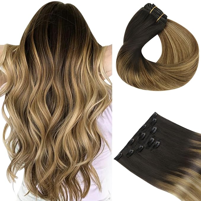 HOTBANANA Clip in Hair Extensions Real Human Hair, 5Pcs 80g 20 Inch Dark Brown to Chestnut Brown and Dirty Blonde Highlighted Straight Remy Clip in Extensions