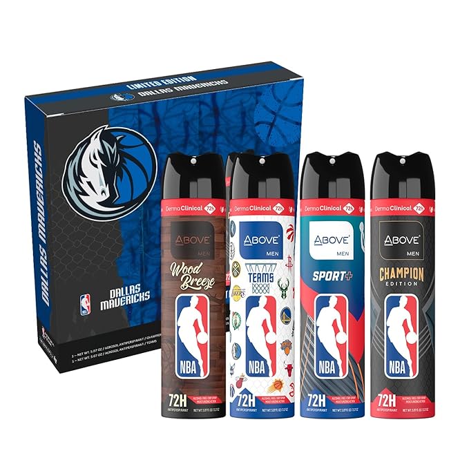 Above NBA – Dallas Mavericks Deodorant Gift Set – A Giftable Set for Mavericks Fans – Antiperspirant Spray, 4 Signature Scents, 72h Protection, Dry Spray, No Stains – 5.07 oz, Pack of 4