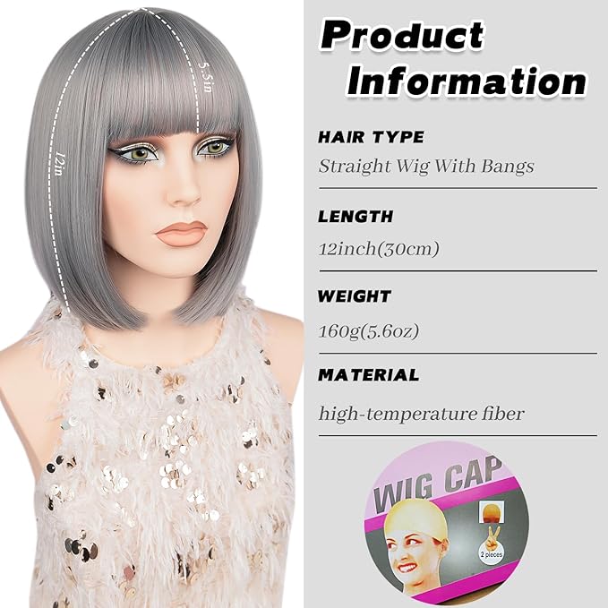 MAYSA Grey Bob Wig with Bangs Short straight Wig 12in Synthetic Cosplay Halloween Costume Wig for Women # Grey