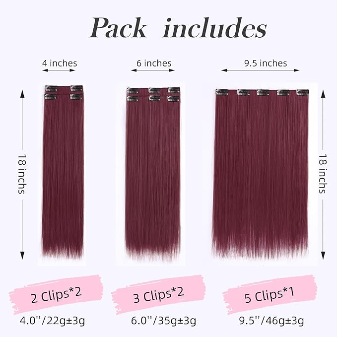 Burgundy Clip in Extensions 18 Inch Long Invisible Thick Synthetic Fake Extension Straight Clips on Hair Pieces 5PCS Soft And Not Easily Knotted Hairpieces for Women Weddings Daily Use 6.5 Oz