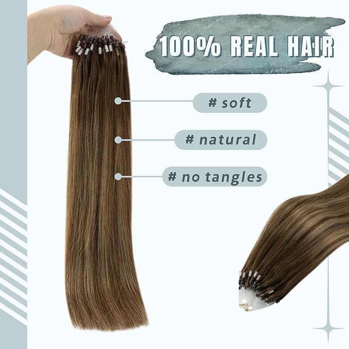 Fshine Micro Ring Human Hair Extensions - Middle Brown Fading to Caramel Highlight, Remy Micro Loop, 20 Inch 50g Balayage Straight Hair