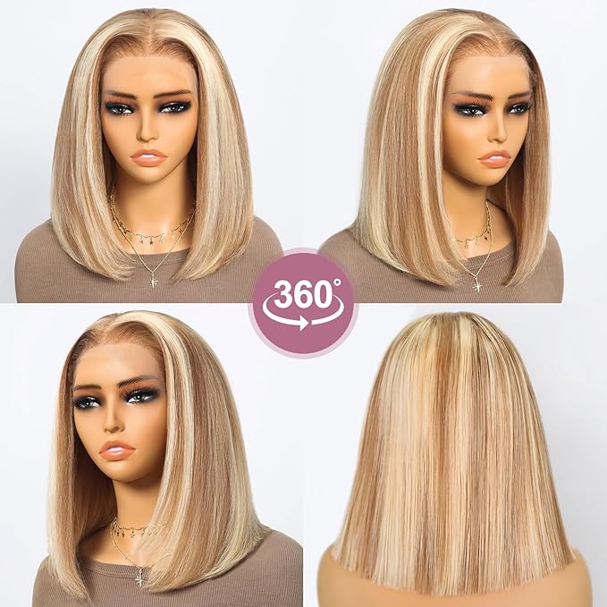 P12/613 Bob Wig Human Hair 13x4 Ready to Go Highlight 12A P12/613 Lace Front Wigs Human Hair 210% Density HD Lace Front Wig Pre Plucked (12inch, 13X4 Bob Wig)