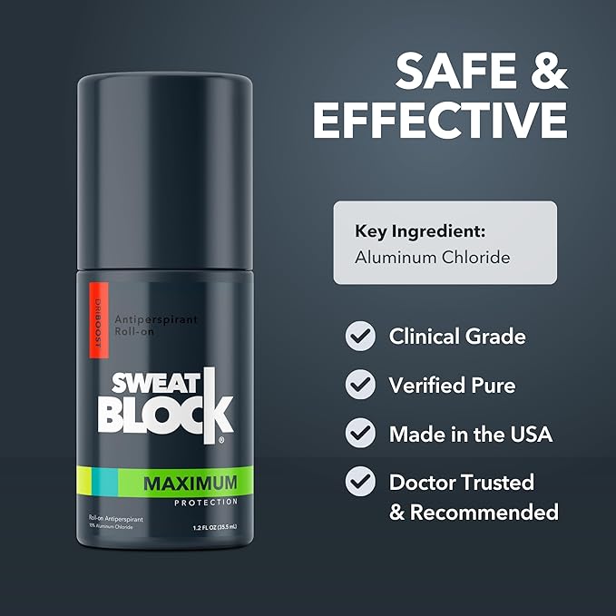 SweatBlock Clinical Strength Antiperspirant and Deodorant System for Men and Women Roll-On 1.2 fl oz for Sweat Control Plus 2.7 oz Stick for 48 Hour Odor Protection Hyperhidrosis Treatment Kit