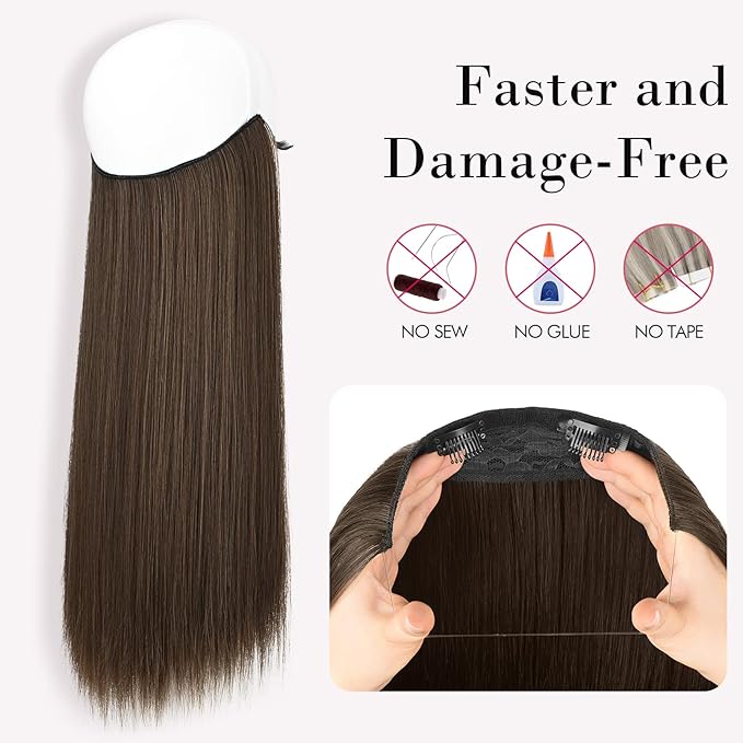 REECHO Invisible Wire Hair Extensions with Transparent Headband Adjustable Size Removable Secure Clips in Straight Secret Hairpiece for Women (20 Inch (Pack of 1), Medium Brown with Highlights)