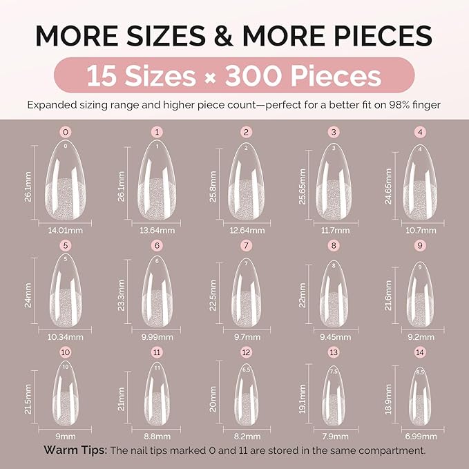 MelodySusie Medium Almond X Nail Tips - 300Pcs 15Sizes Clear Acrylic, Half Matte Full Cover Press on Nails for DIY Extension&Salon Use, Pre-Shaped for Long-Lasting Manicure