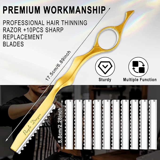 Hair Razors For Cutting Hair 7" Mental Thinning Styling Razors with 10 PCS Sharp Stainless Steel Blades Professional Styling Tool for Salon and Home (Gold)