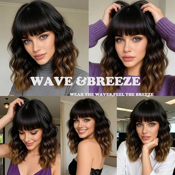 WAVE&BREEZE Short Brown Wigs with Bangs 14Inch Ombre Brown Curly Bob Wig for Women Shoulder Length Natural Looking Hair Replacement Wig for Daily Party Use Cosplay Costume Halloween Wig