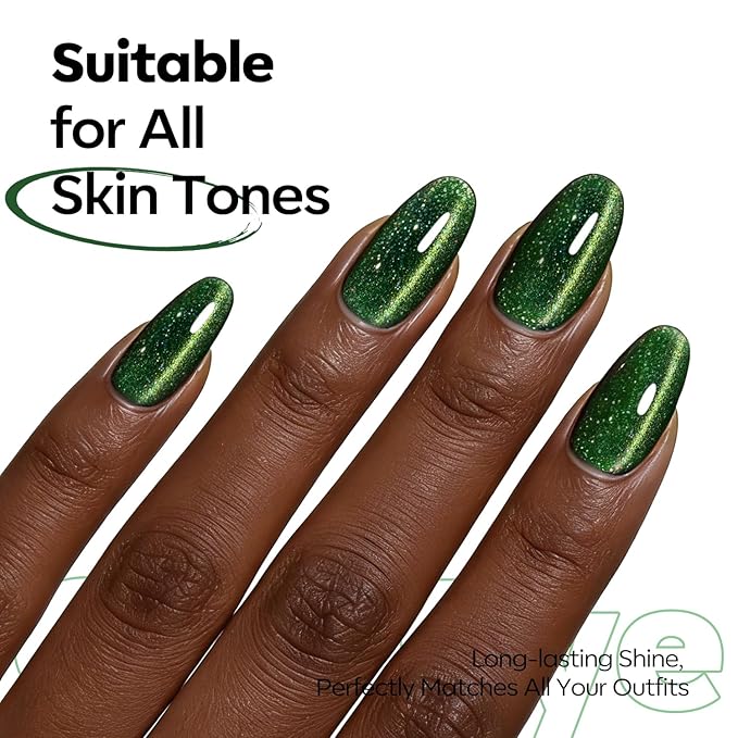 modelones Cat Eye Gel Nail Polish Green Gel Nail Polish Sparkle Reflective Shimmer Glitter Green Christmas Polish 9D with Magnetic Soak Off LED Nail Art DIY 15 ML