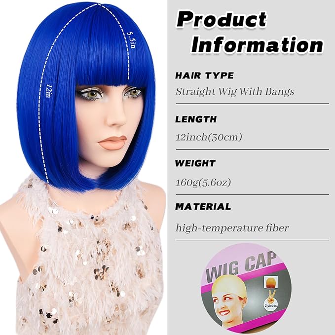 MAYSA Blue Bob Wigs with Bangs for White Women Short Straight Bob 12in Synthetic Cosplay Daily Party Colorful Wig # Royal Blue ﻿
