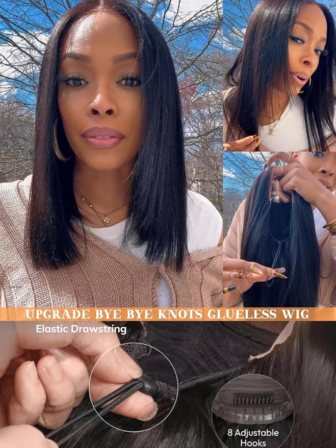 Julia Hair 10 Inch Yaki Straight Drawstring Wigs Human Hair Put On and Go Glueless Bob Wig 7x5 Bye Bye Knots Pre Plucked Pre-Cut Lace Closure Wig Beginner Friendly Black Short Yaki Bob Bleached Knots