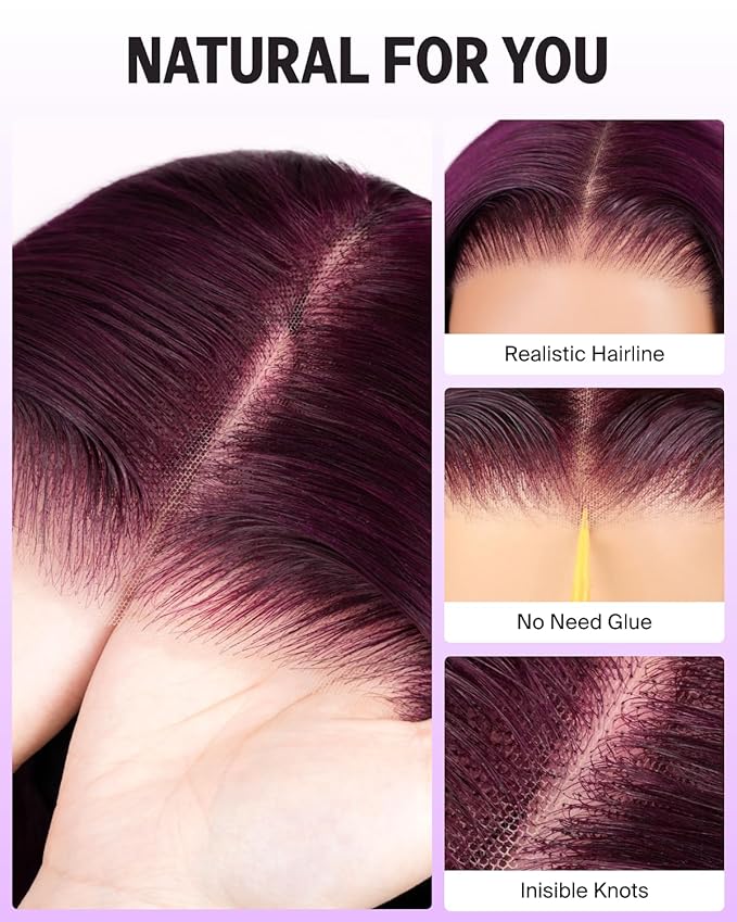Ready to Go Glueless Wigs Human Hair 220% Density Purplish 99J Burgundy Wig Human Hair Straight 6x5 HD Lace Front Wigs Pre Plucked Pre Cut Bleached Knots 24 Inch