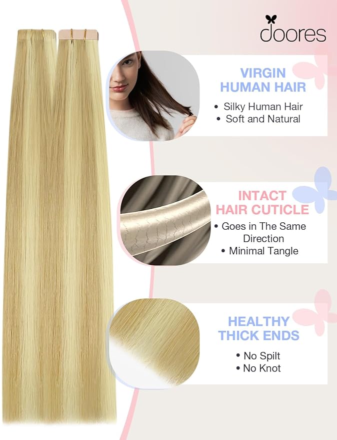 DOORES Invisi Edge Human Hair Tape in Extensions, Drity Blonde Highlight Golden Blonde 10 Injection Tape-ins with 10 Classic Tape-ins 50g 16 Inch, Injected Tape in Extensions Straight