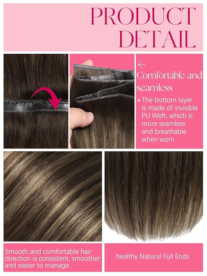 Lacer Double Layered Invisible Weft PU OVO Hair Extensions 18in Twin Tab Butterfly Genius Weft Extensions Chestnut Brown Mixed Dark Brown With Dark Brown Roots Real Human Hair Extensions 31.5" 100G