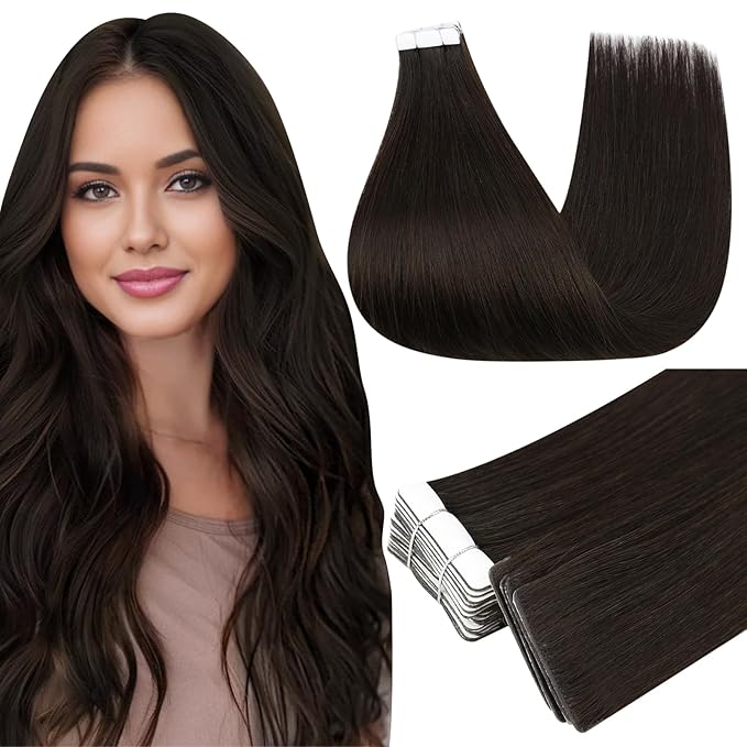 Full Shine Injection Tape in Hair Extensions Color 2 Dark Brown Seamless Machine Remy Double Sided Tape in Extensions Human Hair 16 Inch Natural Skin Weft for Women Add Volume 20 Pcs 40 Grams