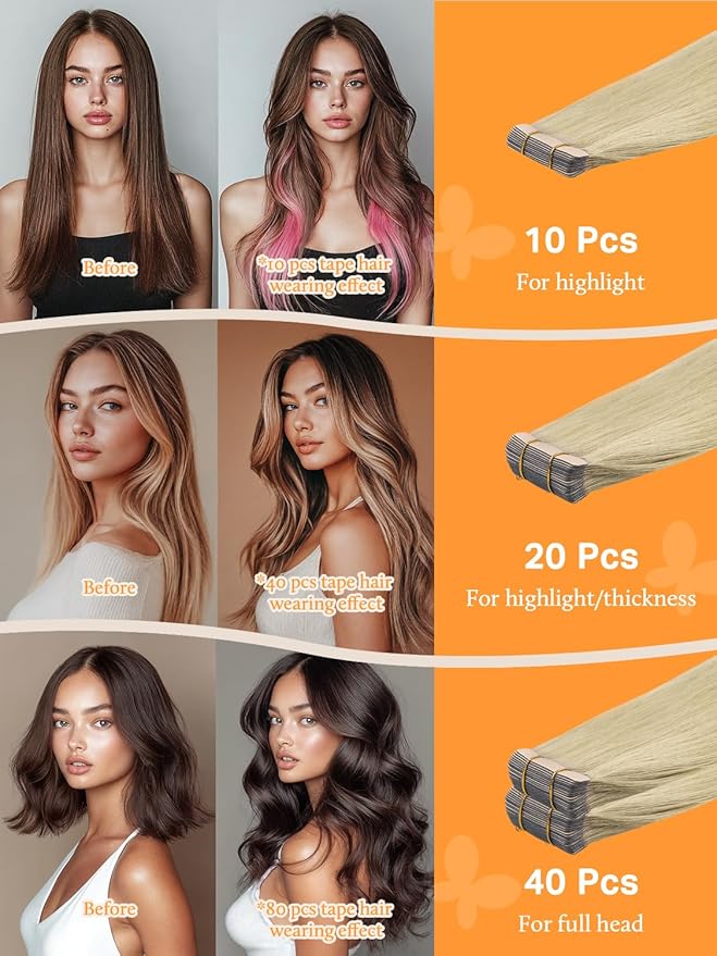 DOORES Tape in Hair Extensions, Light Brown to Golden Platinum Blonde 24 Inch 30g 10pcs, Tape in Hair Extensions Human Hair Extensions Straight Remy Hair Seamless