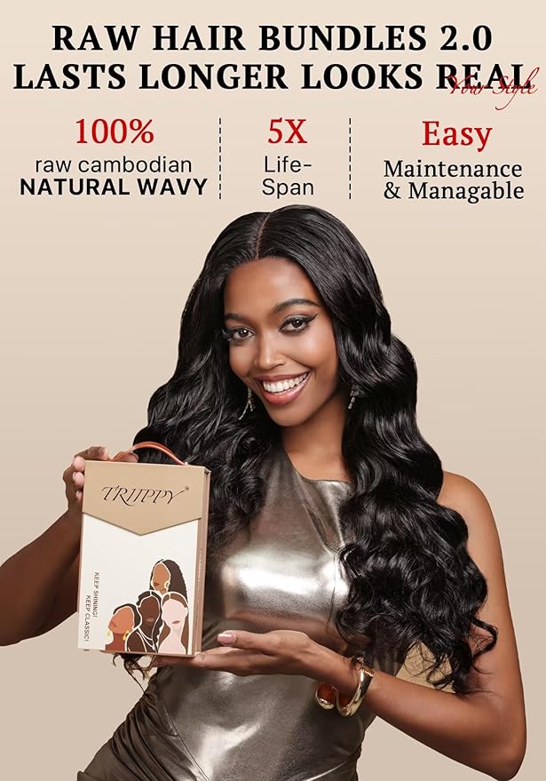 TRIIPPY Real Raw Cambodian Natural Wavy Bundles Human Hair,100% Cambodian Raw Hair Sew in Weave 3 Bundles,5X Lasting And Durable Over Virgin Hair Bundle,No.1 Raw Hair Brand On Amazon(18 20 22 Inches)