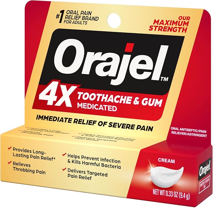Orajel 4X for Toothache & Gum Pain: Severe Cream Tube 0.33oz- From Oral Pain Relief Brand