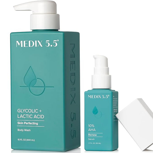 MEDIX Glycolic Acid Exfoliating Body Wash KP Bump Eraser Cleanser + 10% Glycolic Acid Serum 2PC Skin Care Set | AHA Exfoliant Body Wash + Serum Refine & Soften Dead Dry Skin, Bumps, & Wrinkles, 2PC