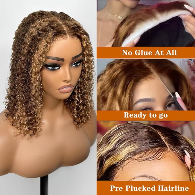 Highlight Ombre Curly Bob Wig Human Hair Glueless Pre Plucked 4/27 5x5 Hd Lace Wear And Go Closure Bob Wigs For Black Women Honey Blonde Short Water Wave Bob Wig Glueless 180% Density 10 Inch