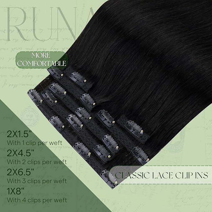 RUNATURE Clip in Hair Extensions Real Human Hair, Black Hair Extensions Clip Ins, Remy Natural Hair Extension for Black Women Straight Thick Hair 16 Inch 120g 7pcs #1B