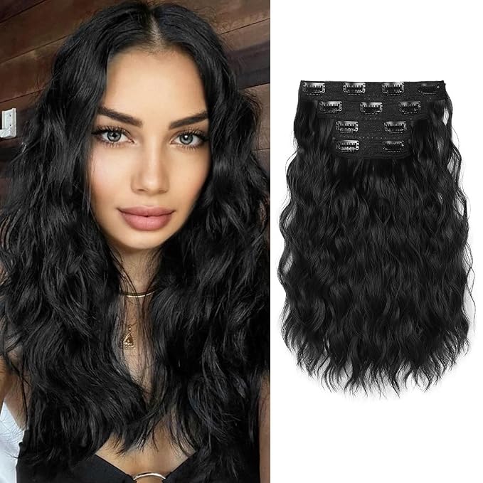 REECHO Clip in Hair Extensions, 4PCS Hair Extensions 14" Short Wavy Invisible Lace Weft Natural Soft Hairpieces for Women – Black