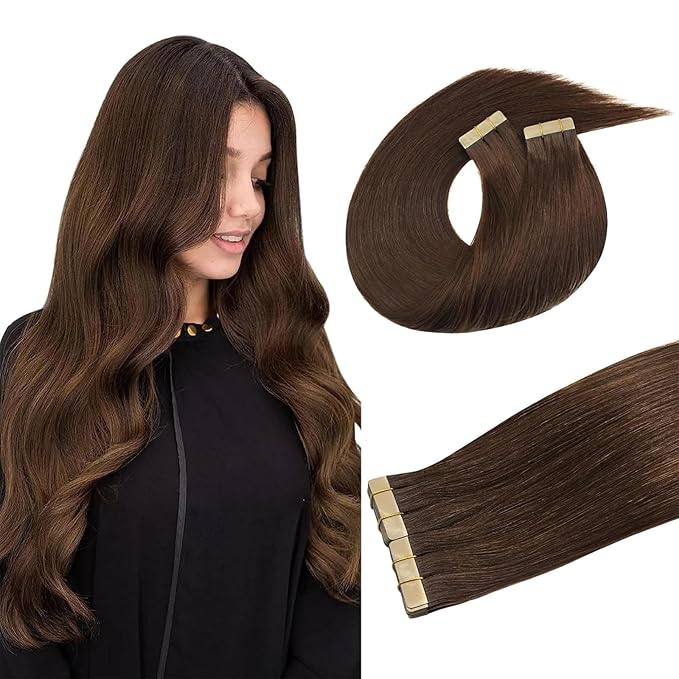 DOORES 40pcs 100g Tape in Human Hair Extensions Chocolate Brown Straight Remy Hair Extensions Natural Hair Extensions Skin Weft 24 Inch