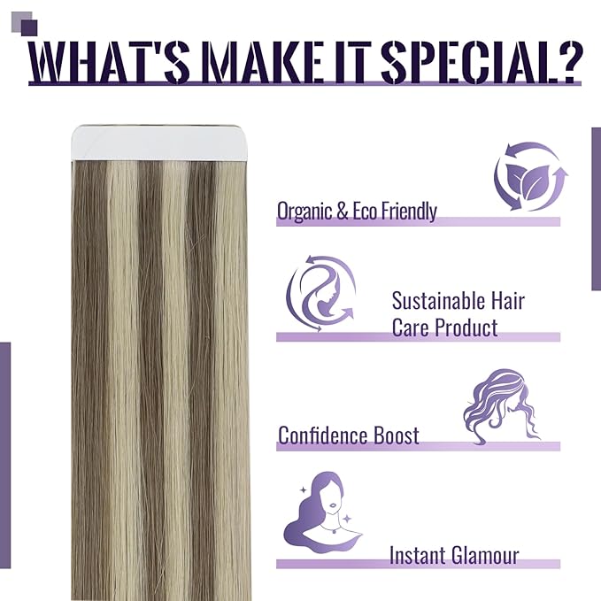 Fshine Tape in Blonde Hair Extensions Tape in Extensions Human Hair Color Ash Brown and Highlighted Platinum Blonde Extensions Tape in 50 g Straight for Women 20 Inch