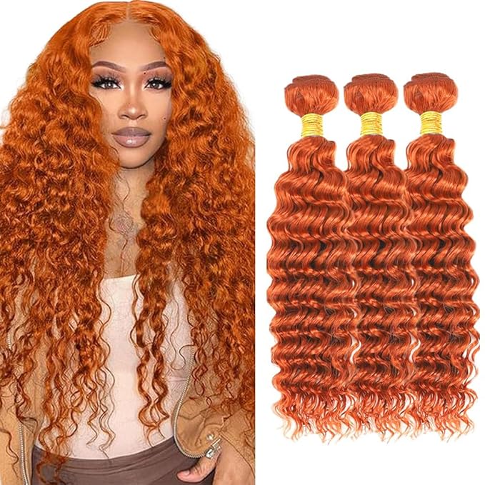 30 32 34 Inch Ginger Bundles Human Hair #350 Orange Deep Wave 3 Bundle Unprocessed Brazilian virgin hair Weave Extensions Double Weft 50 Grams/Bundle Colored Ginger Bundles for Woman