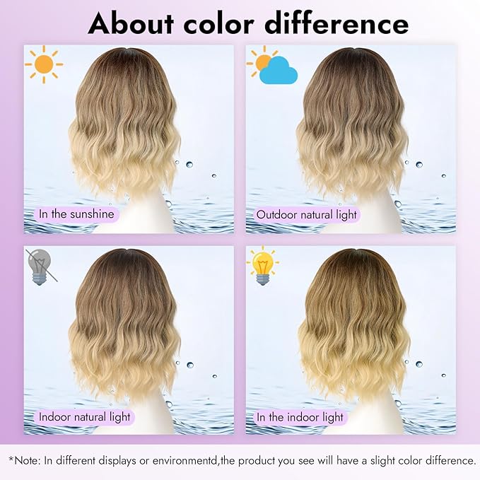 Brown to Blonde Short Wavy Wig for Women Lace Hairline Bob Style Synthetic Heat Resistant - Natural Appearance for Everyday Hairstyle 14 Inch