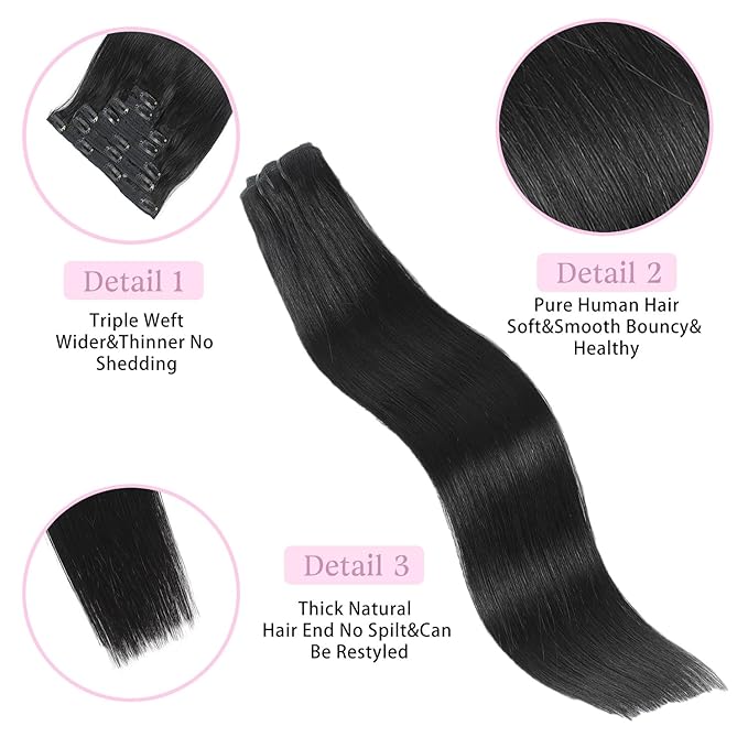 Clip in Hair Extensions Real Human Hair Jet Black 16 inch 7pcs 70g/Pack, Human Hair Clip in Extensions, Salon-Grade Quality, Easy Comfort Wear for Women (#1, 16 inch)